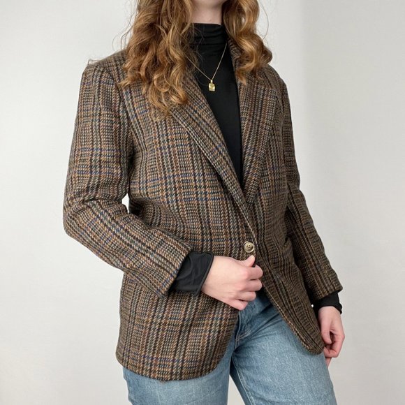 Vintage Preppy Oversized Wool Houndstooth Tweed Plaid Long Blazer Jacket Coat - Picture 4 of 7